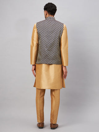 VM BY VASTRAMAY Men's Blue Ethnic Jacket With Rose Gold Silk Blend Kurta and Pant Style Pyjama Set