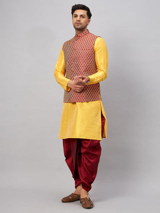 VM BY VASTRAMAY Men's Maroon Woven Ethnic Jacket, Yellow Kurta and Maroon Dhoti Pant Set