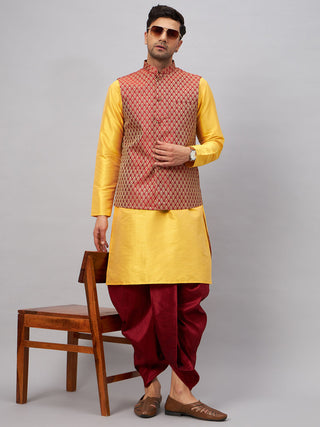 VM BY VASTRAMAY Men's Maroon Woven Ethnic Jacket, Yellow Kurta and Maroon Dhoti Pant Set