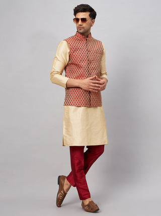 VM BY VASTRAMAY Men's Maroon Silk Blend Ethnic Jacket With Gold Kurta and Maroon Pant Style Pyjama Set