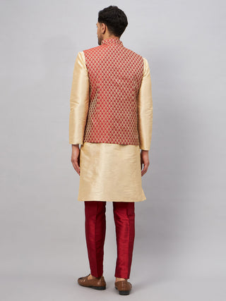 VM BY VASTRAMAY Men's Maroon Silk Blend Ethnic Jacket With Gold Kurta and Maroon Pant Style Pyjama Set