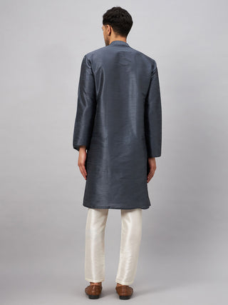 VM BY VASTRAMAY Men's Grey Cotton Silk Blend Kurta and Cream Pant Set
