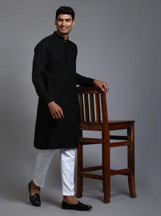 VM BY VASTRAMAY Men's Black Cotton Blend Kurta and White Pant Set