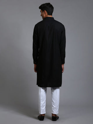 VM BY VASTRAMAY Men's Black Cotton Blend Kurta and White Pant Set