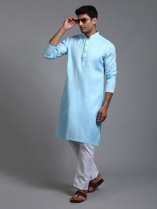 VM BY VASTRAMAY Men's Aqua Blue Cotton Kurta Pyjama Set