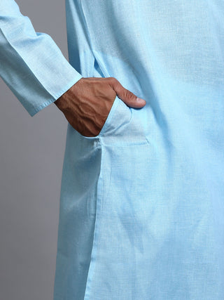VM BY VASTRAMAY Men's Aqua Blue Cotton Kurta Pyjama Set