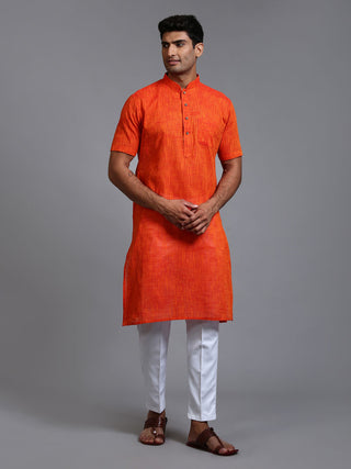 VM BY VASTRAMAY Men's Solid Orange Pure Cotton Kurta Pant Set