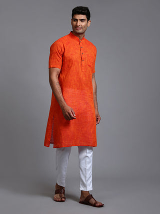 VM BY VASTRAMAY Men's Solid Orange Pure Cotton Kurta Pant Set