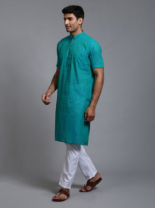 VM BY VASTRAMAY Men's Solid Turquoise Blue Pure Cotton Kurta Pyjama Set