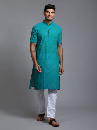 VM BY VASTRAMAY Men's Solid Turquoise Blue Pure Cotton Kurta Pyjama Set