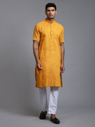 VM BY VASTRAMAY Men's Solid Yellow Pure Cotton Kurta Pyjama Set
