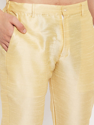 VM BY VASTRAMAY Men's maroon Matka Silk Kurta and Gold Pant Style Pyjama Set