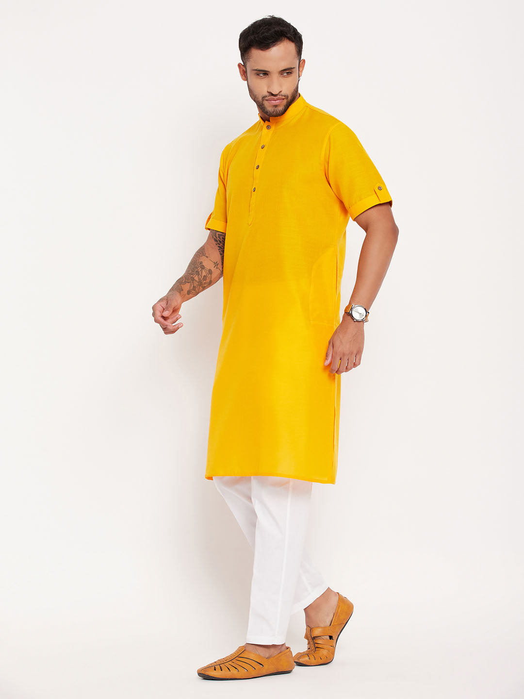Men's Mustard Solid Kurta With White Pant Style Cotton Pyjama Set