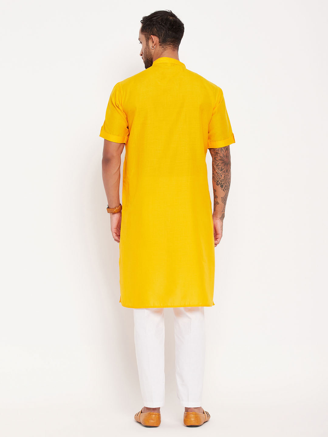 Men's Mustard Solid Kurta With White Pant Style Cotton Pyjama Set