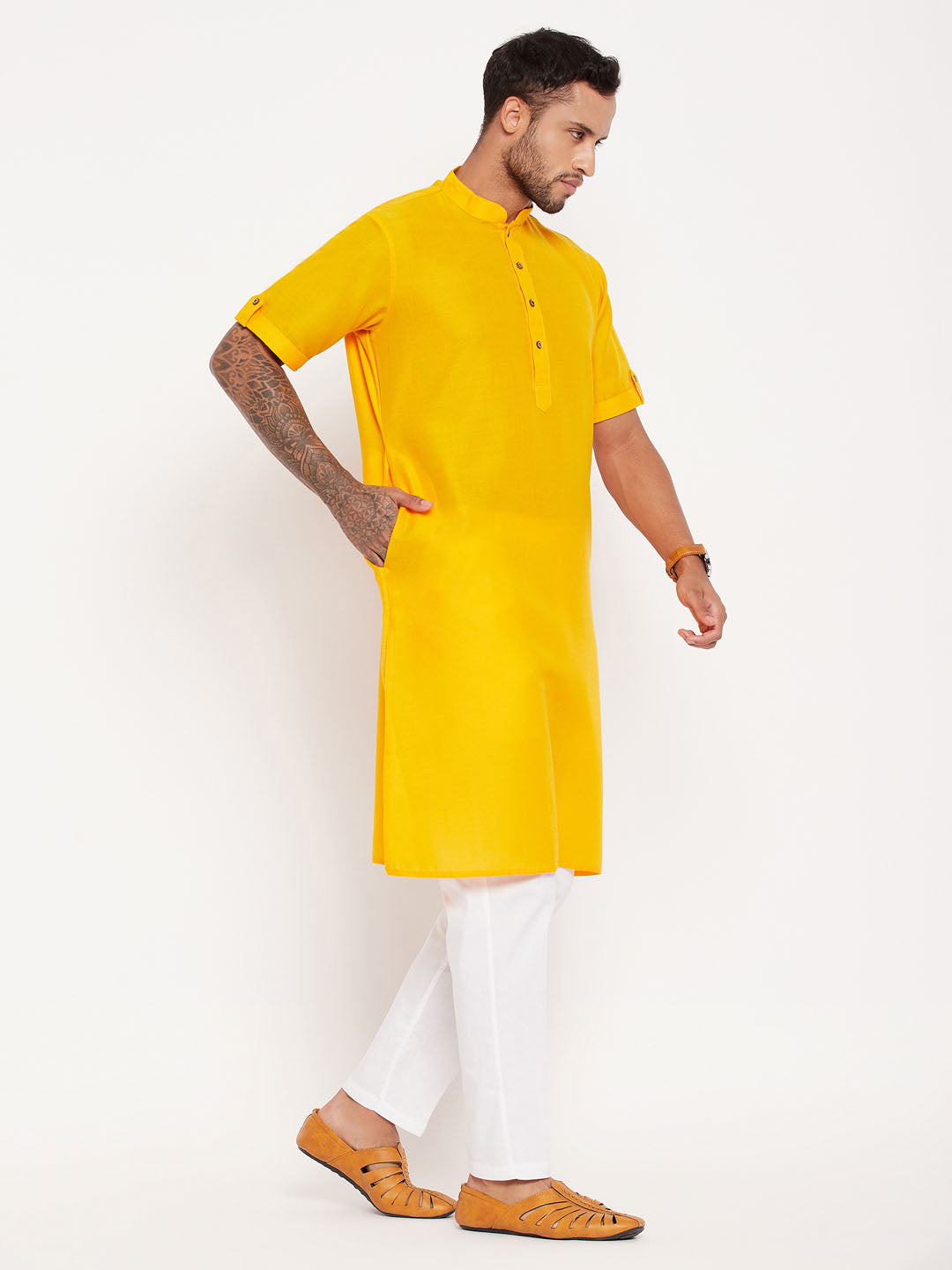 Men's Mustard Solid Kurta With White Pant Style Cotton Pyjama Set