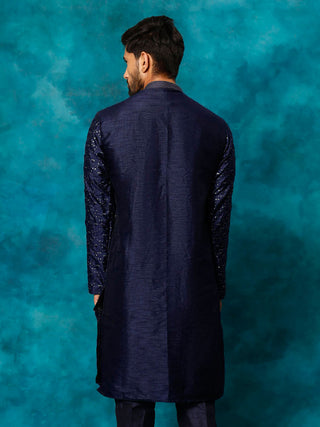 VM By VASTRAMAY Men's Blue Silk Blend Embellished Kurta