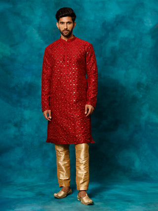 VM By VASTRAMAY Men's Maroon Silk Blend Embellished Kurta