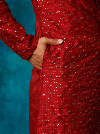 VM By VASTRAMAY Men's Maroon Silk Blend Kurta Pyjama Set