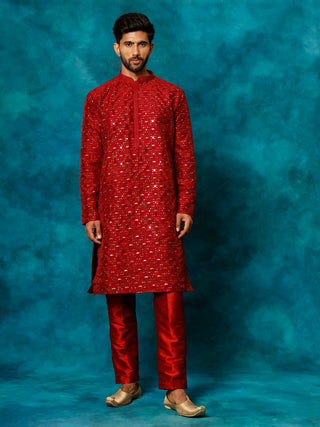 VM By VASTRAMAY Men's Maroon Silk Blend Kurta Pyjama Set