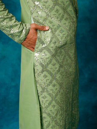 VM Men's Mint Green Embellished Georgette Kurta Pyjama Set
