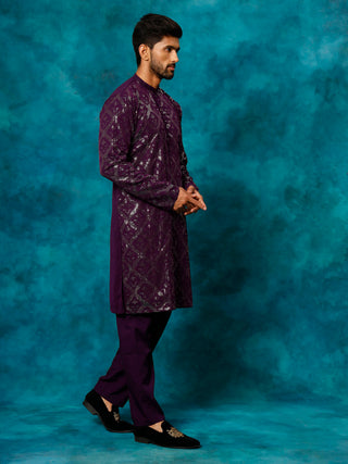 VM Men's Purple Embellished Georgette Kurta Pyjama Set