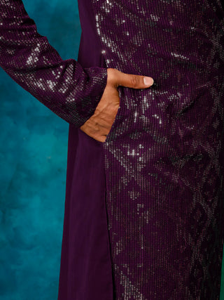 VM Men's Purple Embellished Georgette Kurta Pyjama Set