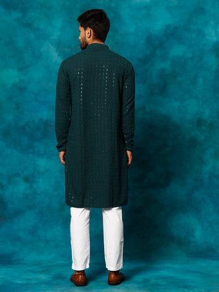 VASTRAMAY Green Schiffli Embroidered Kurta Pyjama Baap Beta Set