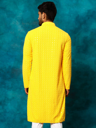 VM By VASTRAMAY Men's Yellow Rayon Schiffli Kurta