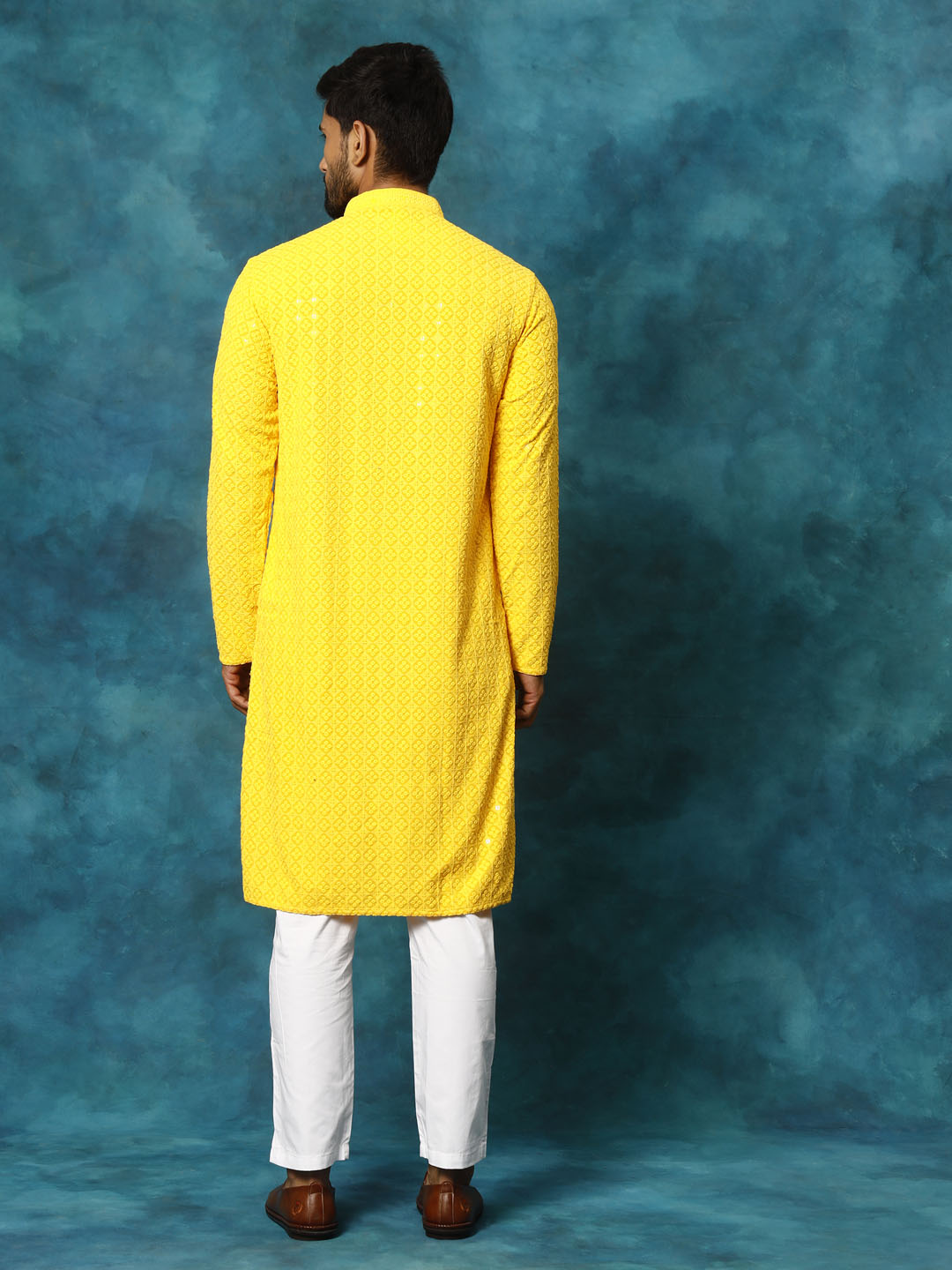Men's Yellow Rayon Schiffli Kurta And Pant Set