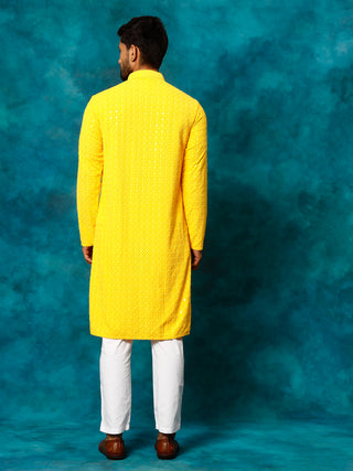 VM By VASTRAMAY Men's Yellow Rayon Schiffli Kurta And Pant Set