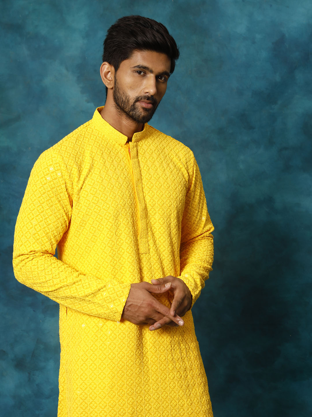 Men's Yellow Rayon Schiffli Kurta And Pant Set