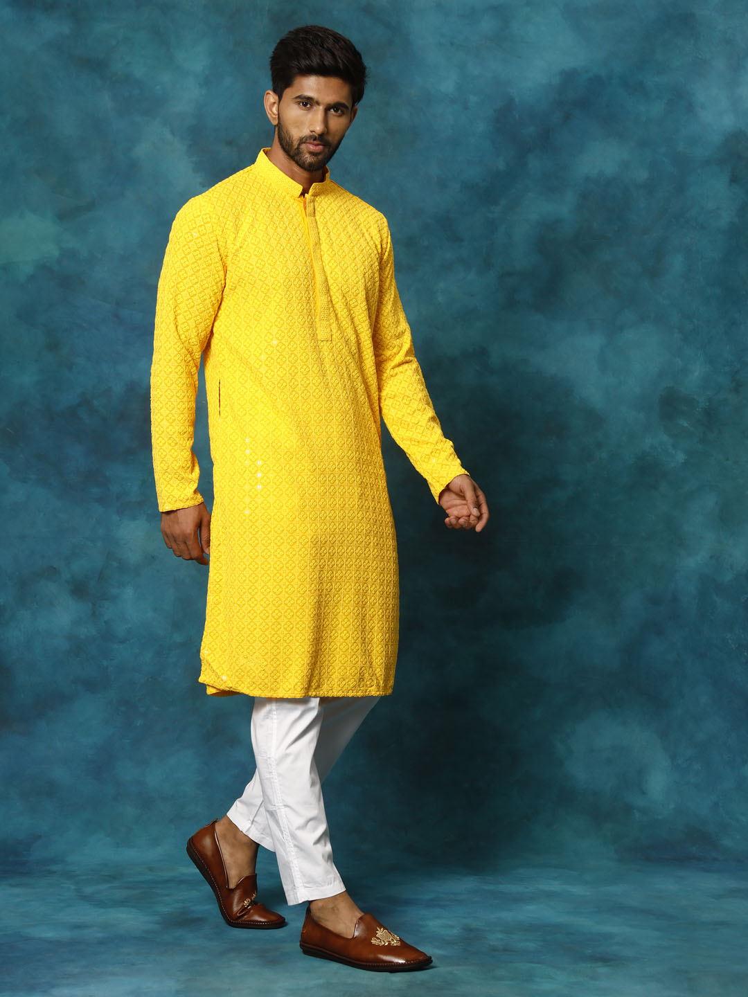 Men's Yellow Rayon Schiffli Kurta And Pant Set