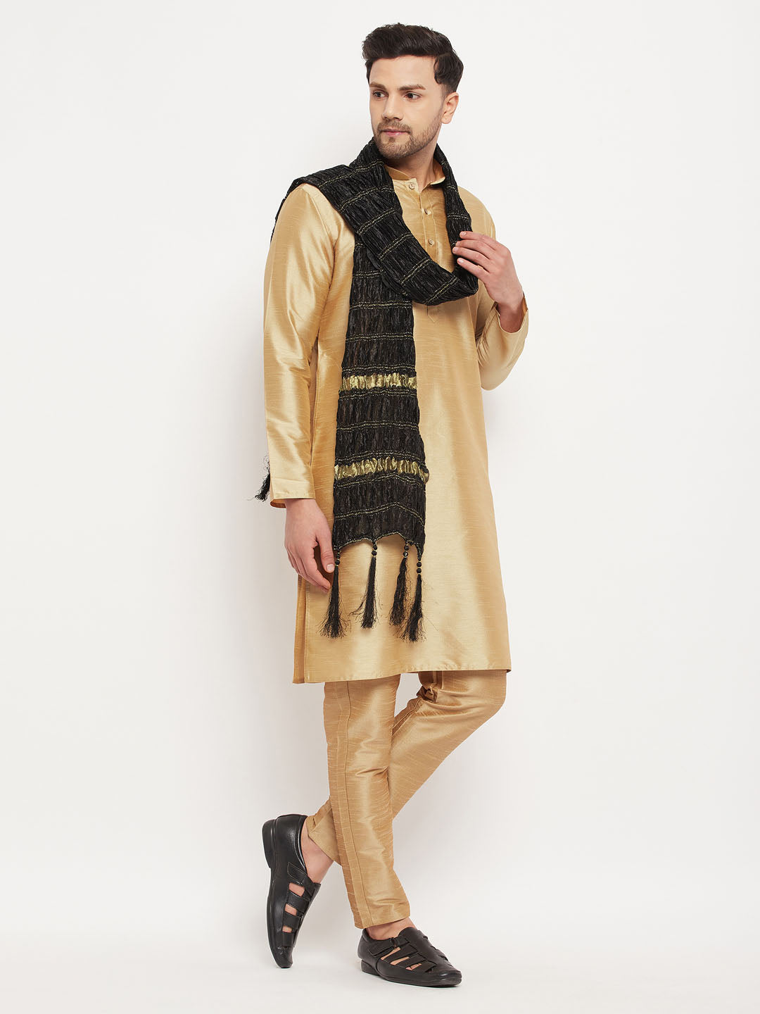 Men's Rose Gold And Black Silk Blend Kurta, Pyjama & Dupatta Set