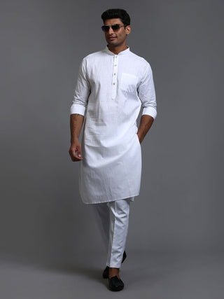 VM BY VASTRAMAY Men's White Cotton Blend Pathani Kurta with Pant Set