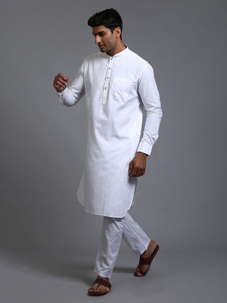 VM BY VASTRAMAY Men's White Cotton Blend Pathani Kurta Pyjama Set