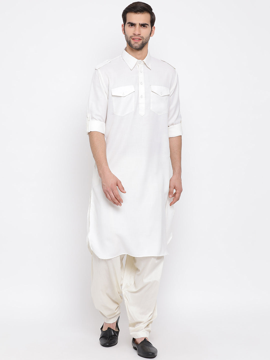 VASTRAMAY Men's Cream And White Cotton Blend Pathani Kurta Set