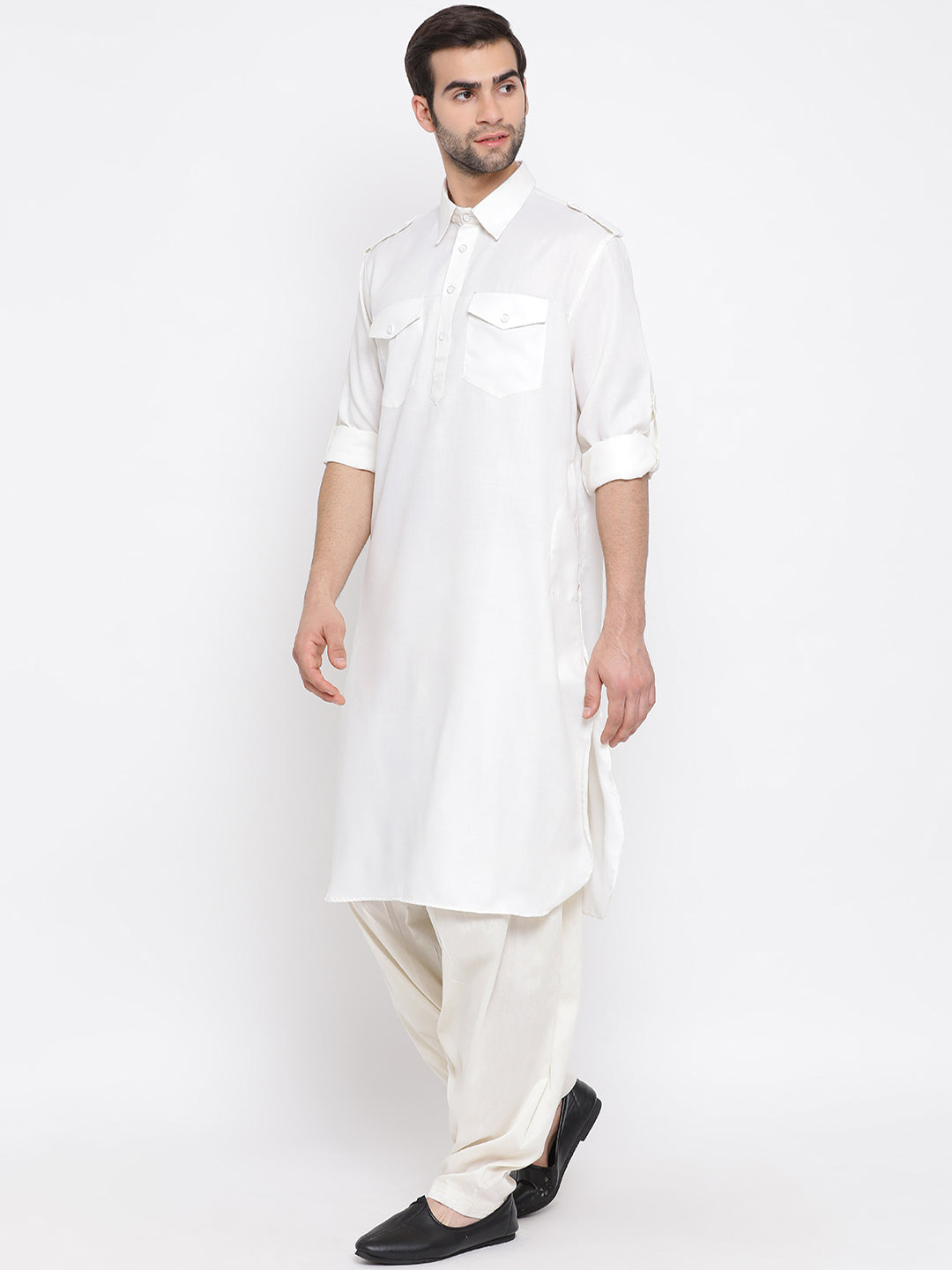 VASTRAMAY Men's Cream And White Cotton Blend Pathani Kurta Set