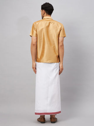 VM By VASTRAMAY Men's Rose Gold And White Silk Blend Shirt And Mundu Set