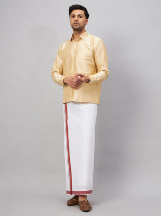 VM By VASTRAMAY Men's Gold And White Silk Blend Shirt And Mundu Set