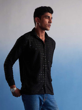 VM By VASTRAMAY Men's Black Rayon Embellished Shirt