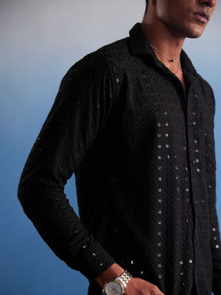 VM By VASTRAMAY Men's Black Rayon Embellished Shirt