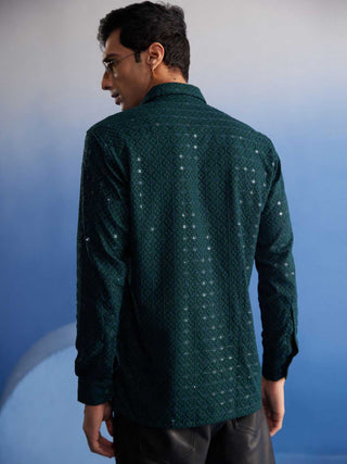 VM By VASTRAMAY Men's Green Rayon Embellished Shirt