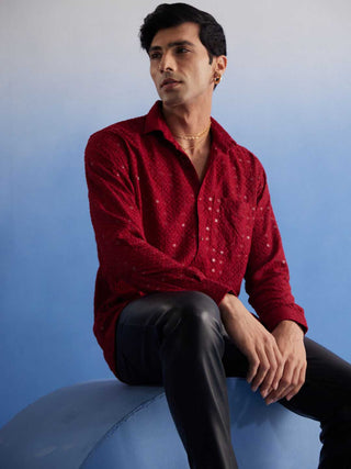 VM By VASTRAMAY Men's Maroon Rayon Embellished Shirt