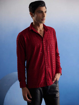 VM By VASTRAMAY Men's Maroon Rayon Embellished Shirt