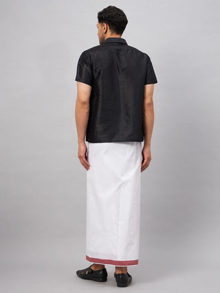 VM By VASTRAMAY Men's Black And White Silk Blend Shirt And Mundu Set
