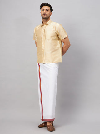 VM BY VASTRAMAY Men's Gold And White Silk Blend Shirt And Mundu Set