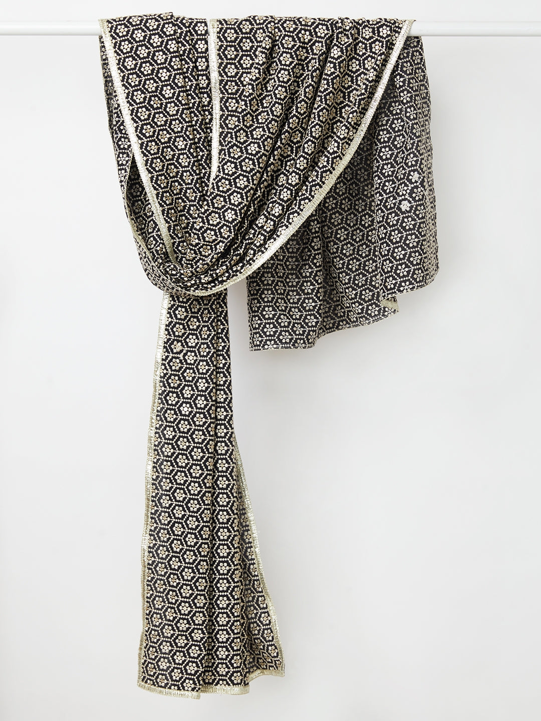 Black Silk Blend Embroidered Geometric Men's Dupatta
