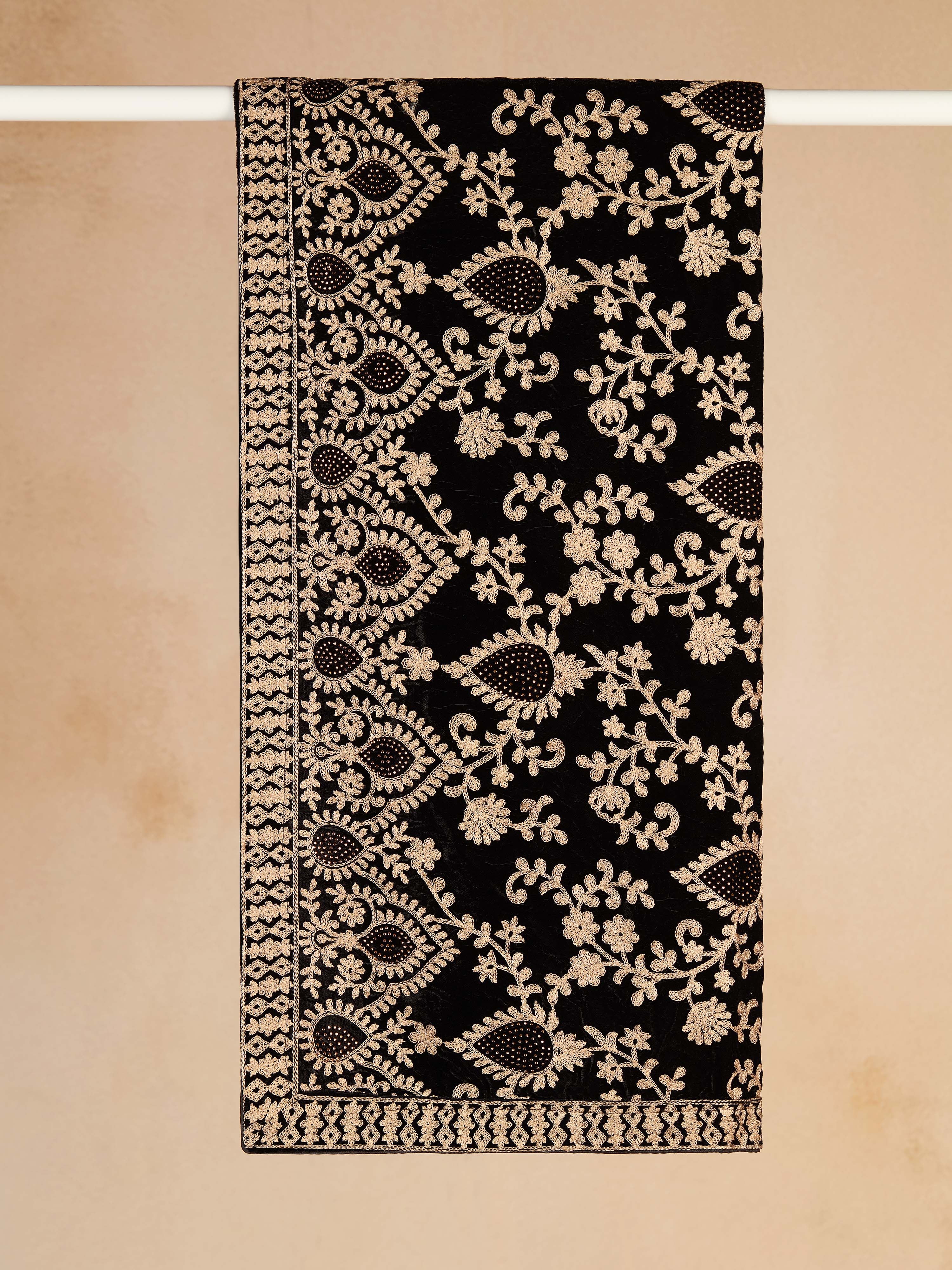 Men's Black Velvet Embroidered Dupatta with Gold Work