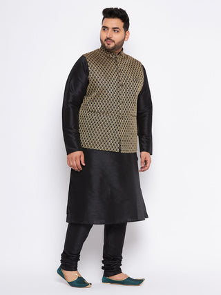 VASTRAMAY Men's Plus Size  Black Ethnic Jacket With black Silk Blend Kurta and Pyjama Set