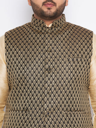 VASTRAMAY Men's Plus Size  Black Ethnic Jacket With golden Silk Blend Kurta and black dhoti Set